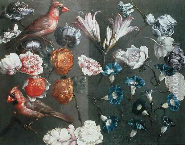 A Study of Peonies, Convolvulus, Lilies and two Finches Oil Painting - Gaspar Peeter The Elder Verbruggen