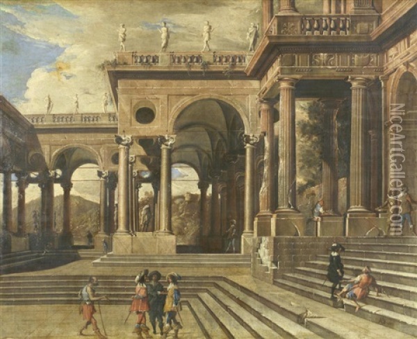 An Architectural Capriccio With Figures Before A Portico Oil Painting - Viviano Codazzi