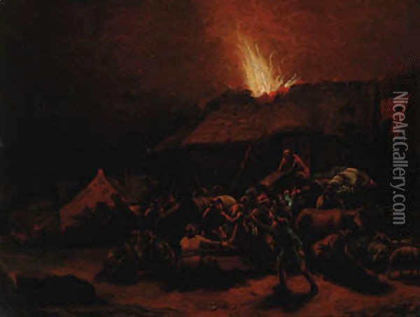 A night scene with soldiers looting a village Oil Painting - Egbert van der Poel