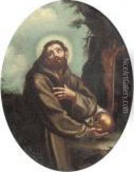 St. Francis Holding A Skull Oil Painting - Guido Reni
