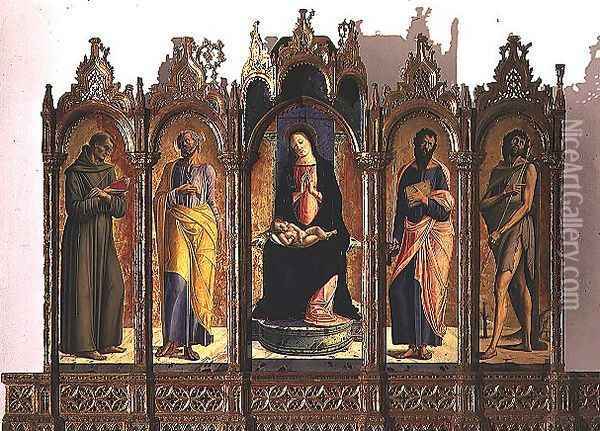 Polyptych depicting central panel Madonna and Child Enthroned, St. Dominic and St. Peter left hand panels, St. Paul and St. John the Baptist right hand panels, 1476 Oil Painting - Alvise Vivarini