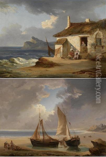 Gegenstucke: Haus Am Strand. Boote Am Strand. Oil Painting - Friedrich Bartholomaeus Fehr, Karl
