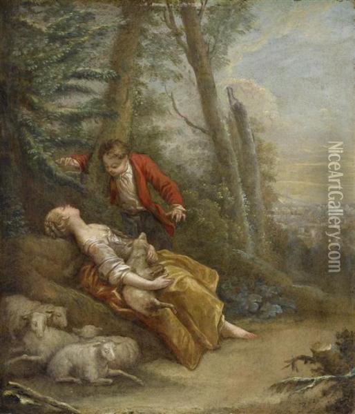 A Young Man Discovering A Sleeping Shepherdess Oil Painting - Jean-Baptiste Huet I