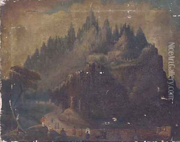 Travellers surveying an Italianate citadel Oil Painting - English Provincial School