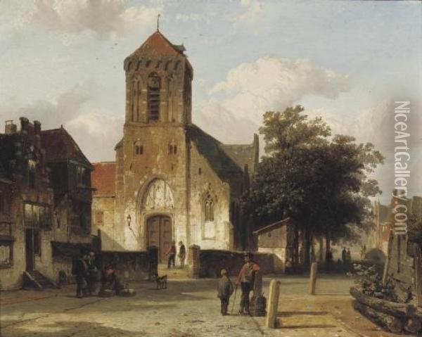Stadsgezicht Met Bidkapel: Villagers Conversing In A Sunlit Street Oil Painting - Cornelis Springer