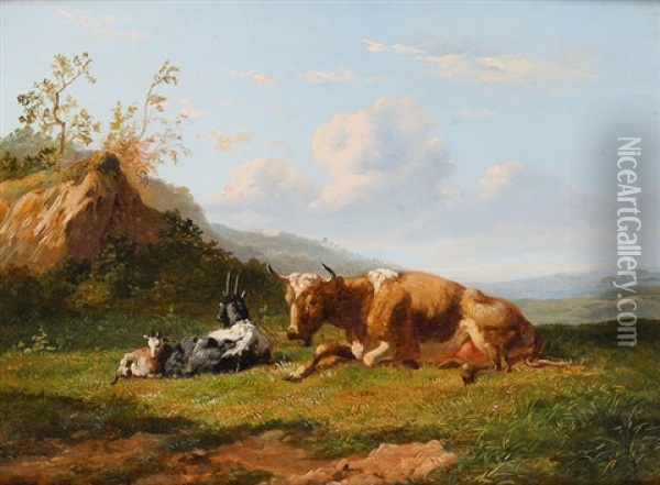 Kuh Mit Zwei Ziegen In Weiter Landschaft Oil Painting - Johannes Hubertus Leonardus de Haas