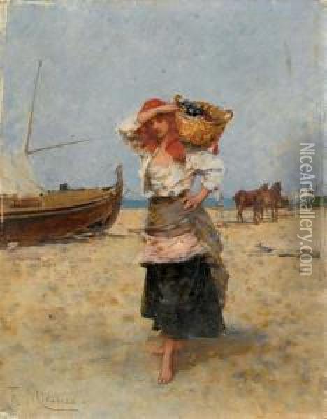 Pescadora (fishergirl) Oil Painting - Francisco Miralles Galup