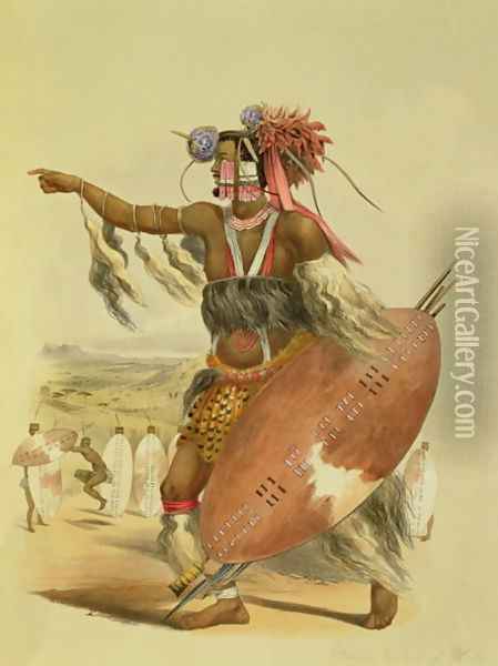 Zulu warrior, Utimuni, nephew of Chaka the late Zulu king, plate 13 from 'The Kafirs Illustrated', 1849 Oil Painting - George French Angas