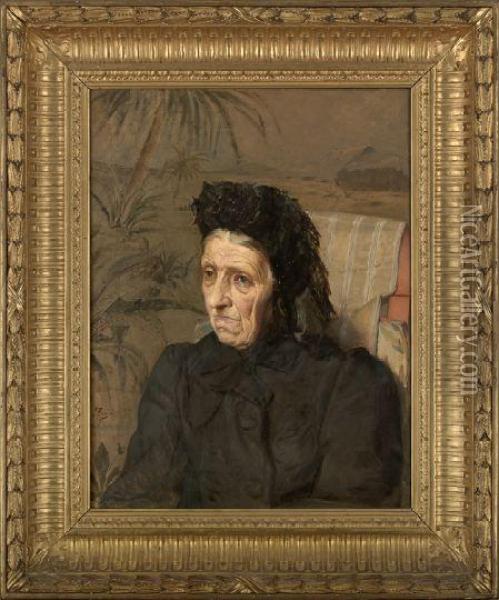 Bust Portrait Of An Elderly Woman Dressed In Black Seated Near Palm Trees Oil Painting - Ruggero Focardi