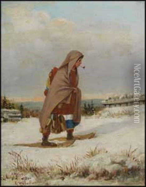 Indian Woman On Snowshoes With Pipe Oil Painting - Henry Metzger