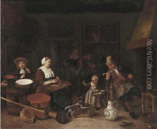 A Kitchen Interior With A Woman Cutting Fish And A Girl Playingwith A Dog Oil Painting - Adriaen Jansz. Van Ostade