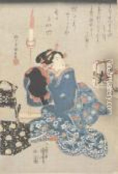 Sitzende Frau Vor Spiegel. Oil Painting - Utagawa Kuniyoshi