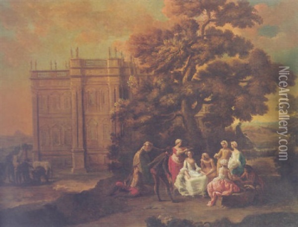 An Elegant Company Relaxing In The Grounds Of A Villa Oil Painting - Hubert-Francois Gravelot