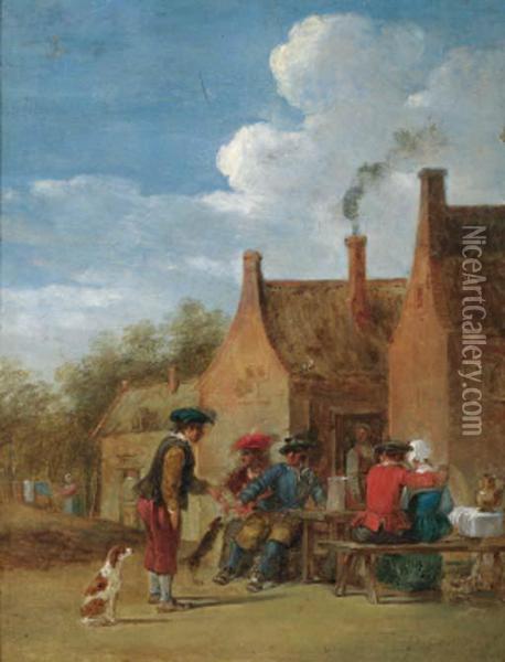 A Peasant Couple And Travellers At Table Outside An Inn Oil Painting - David The Younger Teniers