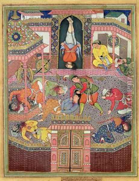 Murder Scene miniature of the Mughal period possibly from the Khamsa tales of Nizami 1570 Oil Painting - Mir Sayyid'Ali