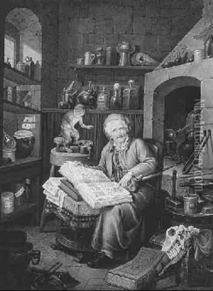 An Alchemist Seated In His Laboratory, Pointing To The Open Page Of An Anatomy Book Oil Painting - Johann Jakob Hoch