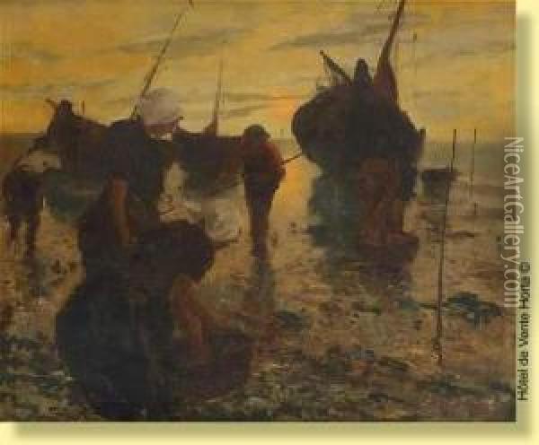 Le Retour Des Pecheurs En Hollande Oil Painting - Gustave Flasschoen
