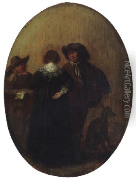An Interior With Two Gentlemen Conversing With A Lady Oil Painting - Pieter Jacobs Codde