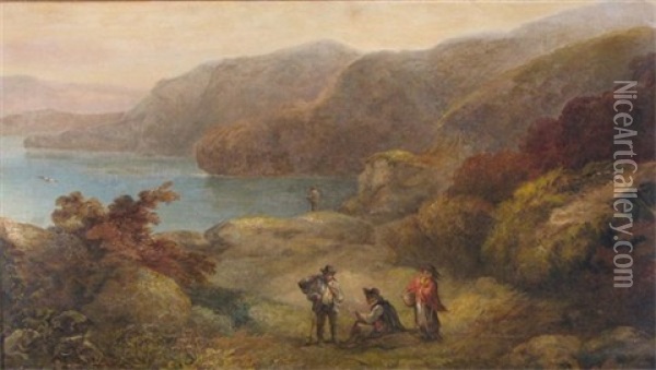 Figures On A Coastal Clifftop Path Oil Painting - John Joseph (of Bath) Barker