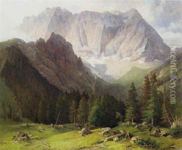 Gebirgslandschaft Mit Jagern Oil Painting - Ludwig Gebhardt