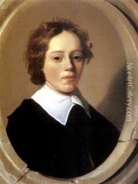 Portrait Of A Young Boy, Wearing A Black Coat And A White Collar Oil Painting - Jan Daemen Cool