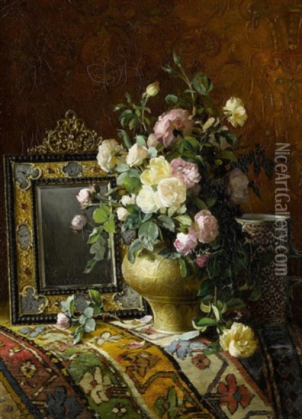 Nature Morte Au Bouquet Des Roses Dans Une Vase Ottomane Oil Painting - Dominique Hubert Rozier