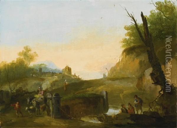 Evening Landscape With Travellers Crossing A Bridge Oil Painting - Giuseppe Bernardino Bison