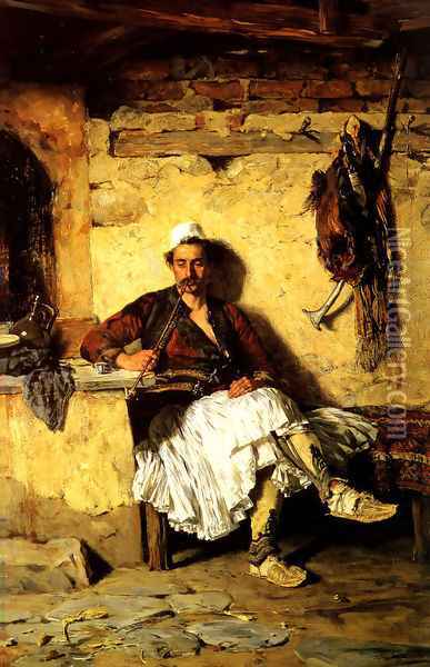Albanian Sentinel resting (Arnaueti) Oil Painting - Paul Jovanowich