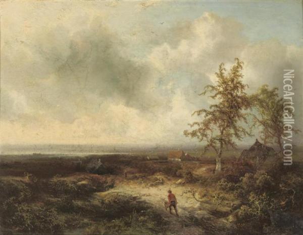 Pushing The Wheelbarrow In A Panoramic Landscape Oil Painting - Pieter Lodewijk Francisco Kluyver