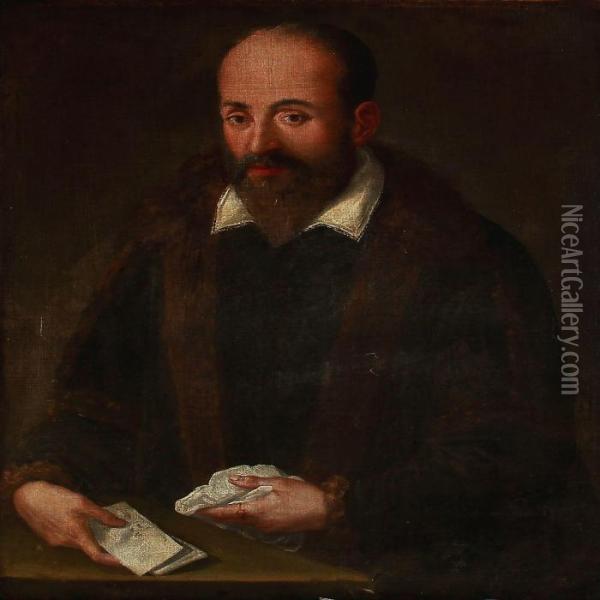 A Bearded Man Holding A Document And A Handkerchief Oil Painting - Tiziano Vecellio (Titian)