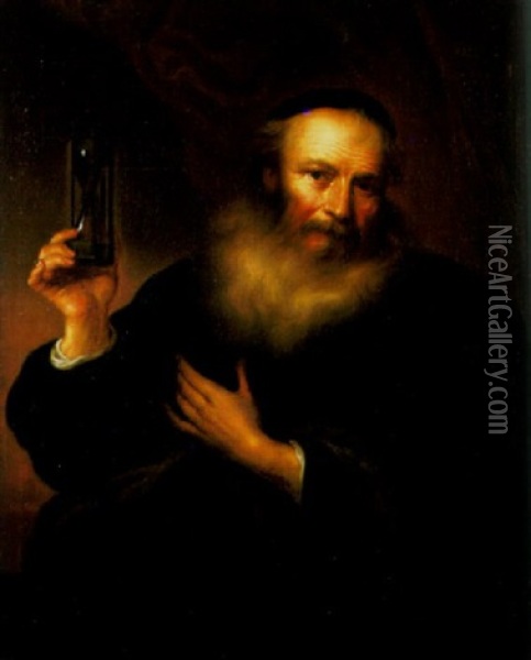 A Philosopher Holding An Hourglass Oil Painting - Christian Wilhelm Ernst Dietrich