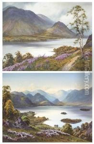 'foxgloves, Bassenthwaite Lake And Skiddawfrom The Wythop Fell' Oil Painting - Edward H. Thompson