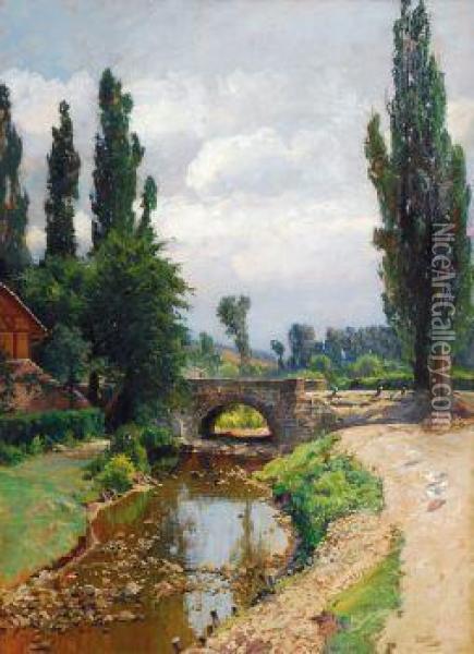 Flusbrucke Bei Sandershausen Im Niestetal Oil Painting - Emil, Friedrich Emil Neumann