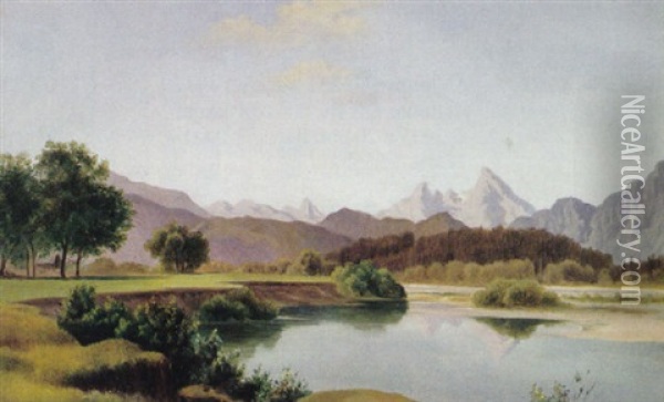 Sommerliche Landschaft Mit Blick Uber Fluslauf Auf Gebirgshintergrund Oil Painting - Karl Franz Emanuel Haunold