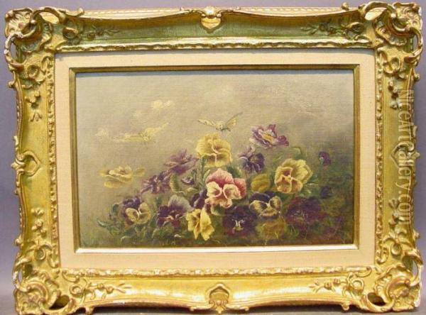 Butterflies And Pansies
Initialed And Dated Oil Painting - Louis Emile Minet