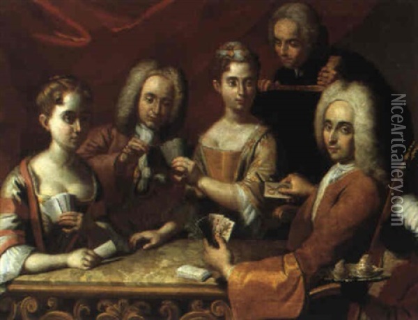 Una Partita A Carte Fra Due Dame E Due Cavalieri Oil Painting - Giuseppe Bonito