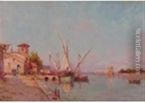 Mediterranean Harbour Scene With Moored Fishing Boats Oil Painting - Henri Malfroy-Savigny