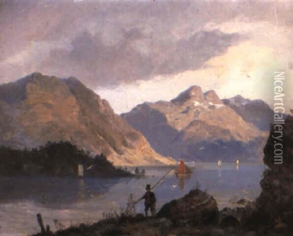 Fjordlandskap Med Batar Och Figurer Oil Painting - Hans Frederick Gude