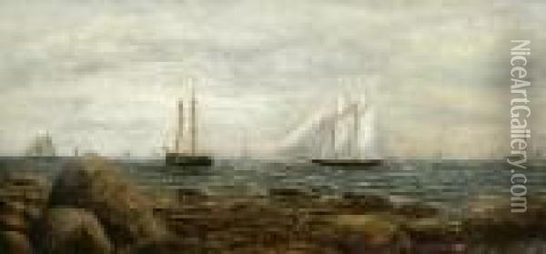 A Racing Schooner Off The Coast With Other Shipping Oil Painting - James Gale Tyler