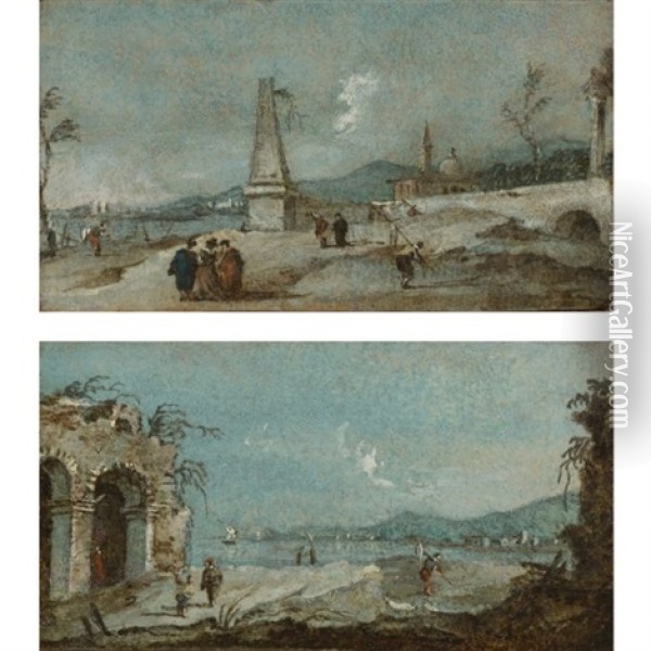 A Capriccio With A Ruined Arch And Figures (+ A Capriccio With An Obelisk And Figures; Pair) Oil Painting - Giacomo Guardi