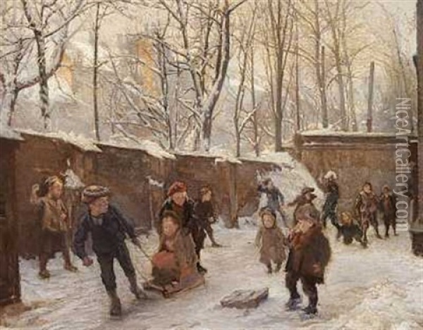 En Vinterdag I Skolegarden Oil Painting - Valdemar Henrik Nicolaj Irminger
