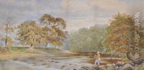 Angler On A Riverbank Oil Painting - Frank Hider