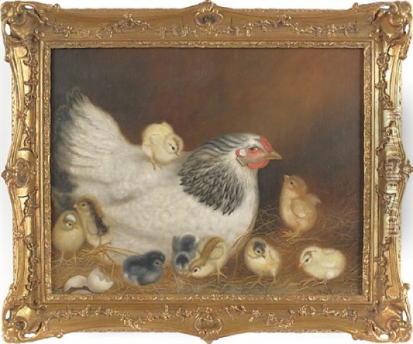 Hen And Nine Chicks Oil Painting - Ben Austrian