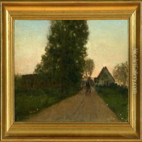 Village Road In The Evening Sun Oil Painting - Anders Christian Terslose