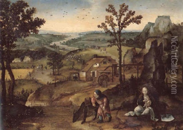 The Rest On The Flight Into Egypt, An Extensive River Landscape Beyond Oil Painting - Lucas Gassel