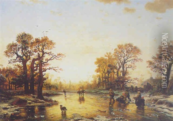 Figures On The Ice At Sunset Oil Painting - Eduard Hildebrandt