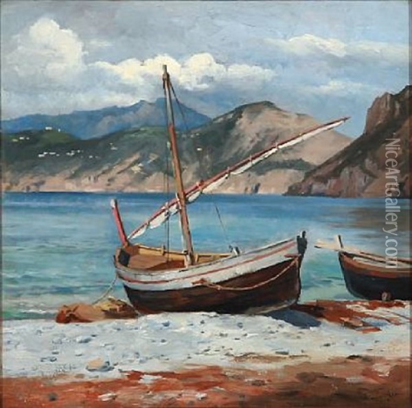 Fishing Boats On The Beach Of Capri Oil Painting - August Fischer