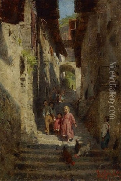 Dorfgasse Mit Kindern Auf Einer Treppe Oil Painting - Luigi Rossi
