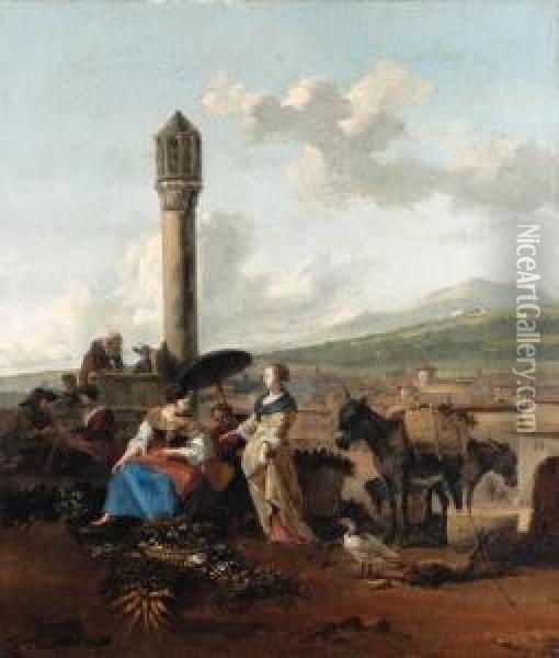 Travellers And Tradesmen Resting Before A Monument Oil Painting - Hendrick Mommers