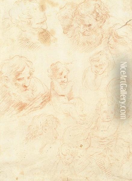 Recto: Four Studies Of The Head Of A Bearded Man And Two Bust-length Studies Of A Child
 Verso: Five Studies Of A Bearded Male Head, One Of A Child, Two Of A Youth's Head And Two Studies Of The Virgin And Child Oil Painting - Simone Cantarini Il Pesarese